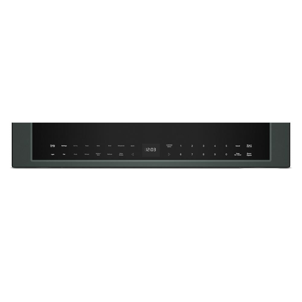 Control panel close-up of dark gray multifunction over-the-range microwave with digital display and touch controls
