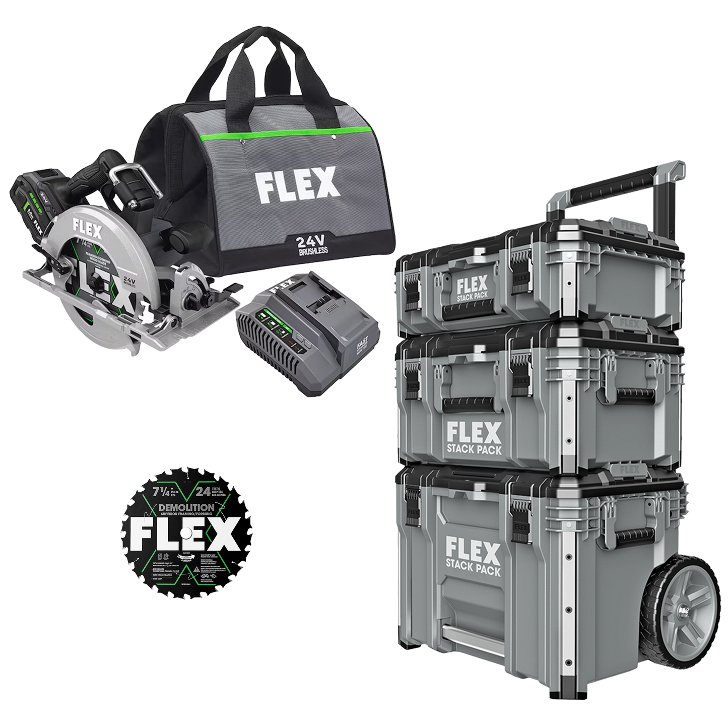 FLEX 24V 7-1/4" Circular Saw Kit + Demolition Blade & Stack Pack™ 3-Pc. Storage System