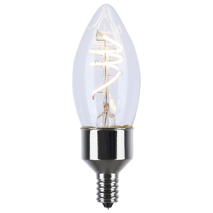 Clear LED bulb with a flex gray coil filament and candelabra base for energy-efficient home lighting under $50