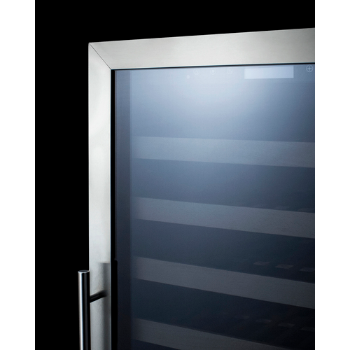 Close-up of stainless steel-framed wine cellar door with T1SF tint and digital temperature controls from Refrigerators collection