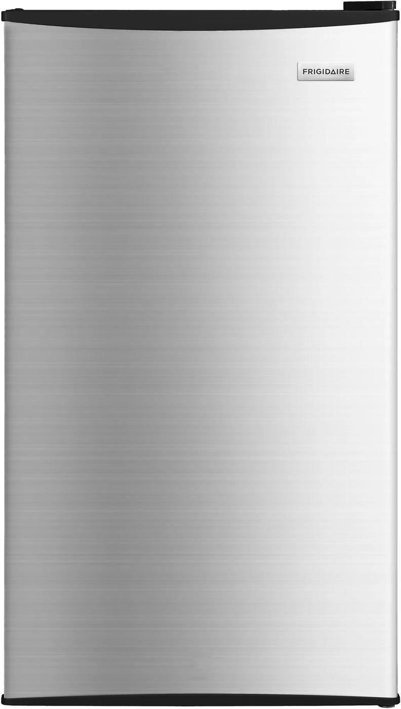 Compact refrigerator with brushed stainless steel door and minimalist design, suitable for mini refrigerators and kitchen appliance collections.