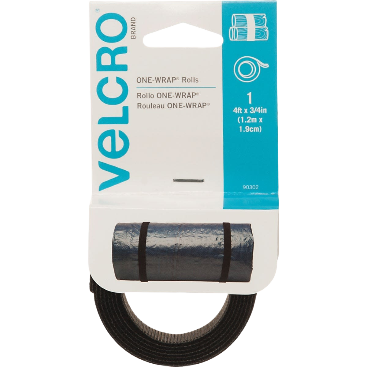 VELCRO Brand Black One Wrap Hook & Loop Roll, 3/4 in. x 4 ft.