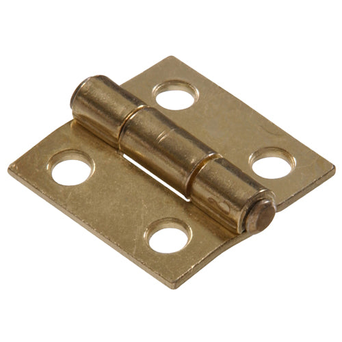 Brass-finish narrow fixed pin hinge with four mounting holes for cabinet and furniture hardware collections