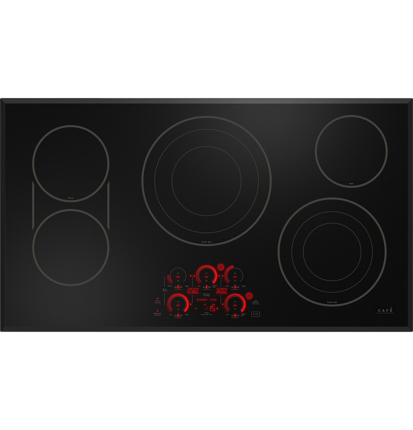 Black glass electric cooktop with five heating zones and red touch controls for kitchen appliances and home improvement.