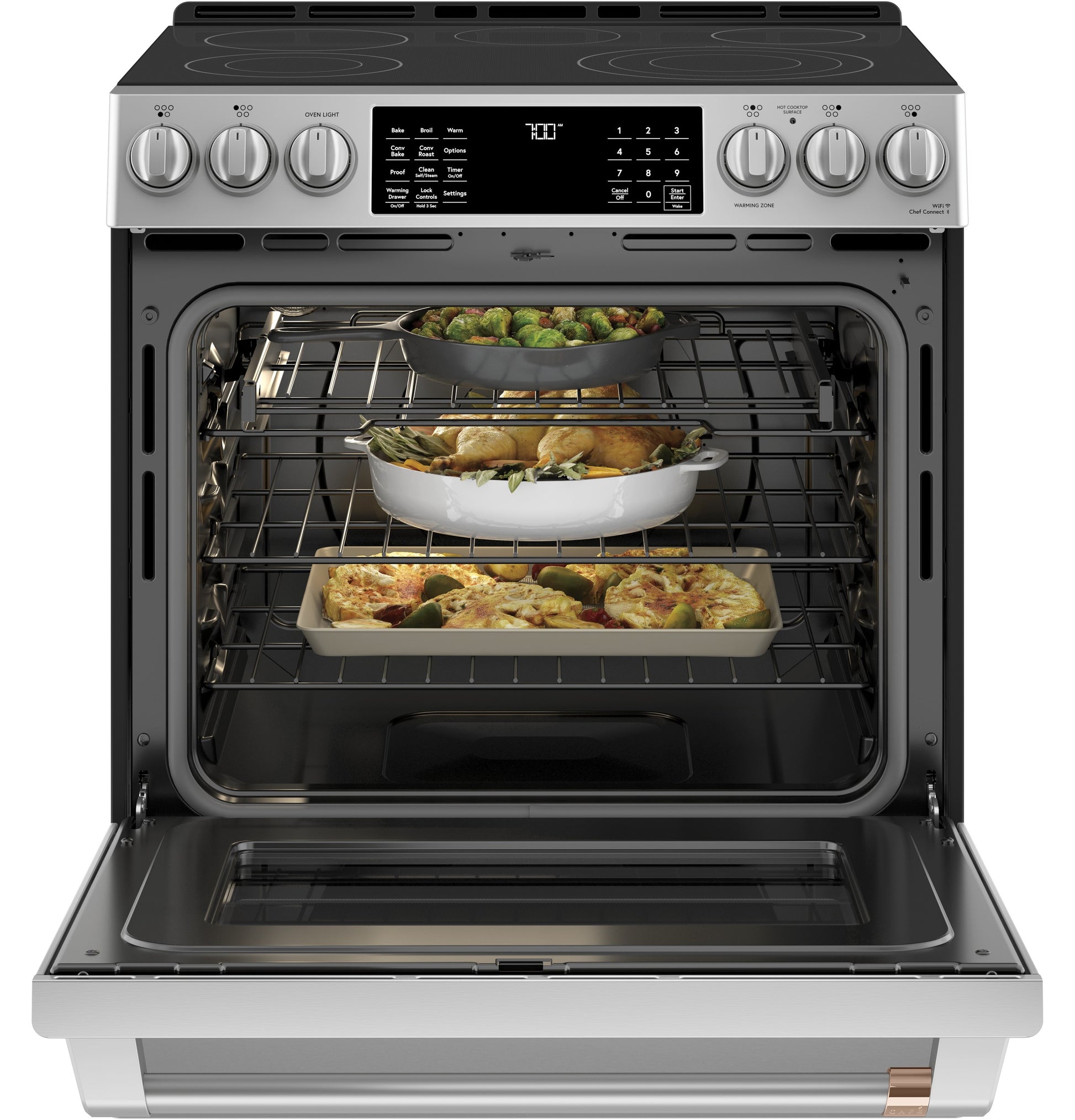 Open stainless steel smart front-control range with radiant cooktop and three racks filled with roasted dishes from ranges collection