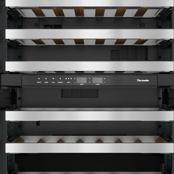 Open under counter wine cooler with wooden shelves, stainless steel racks, and digital temperature controls in kitchen appliances collections