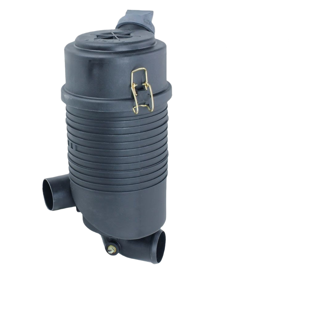 Black cylindrical air filter housing with ribbed design and metal latch for John Deere machinery parts and accessories