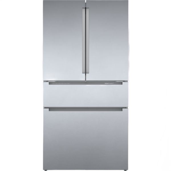 Stainless steel French door refrigerator with bottom freezer and anti-fingerprint finish in Bosch appliances collection