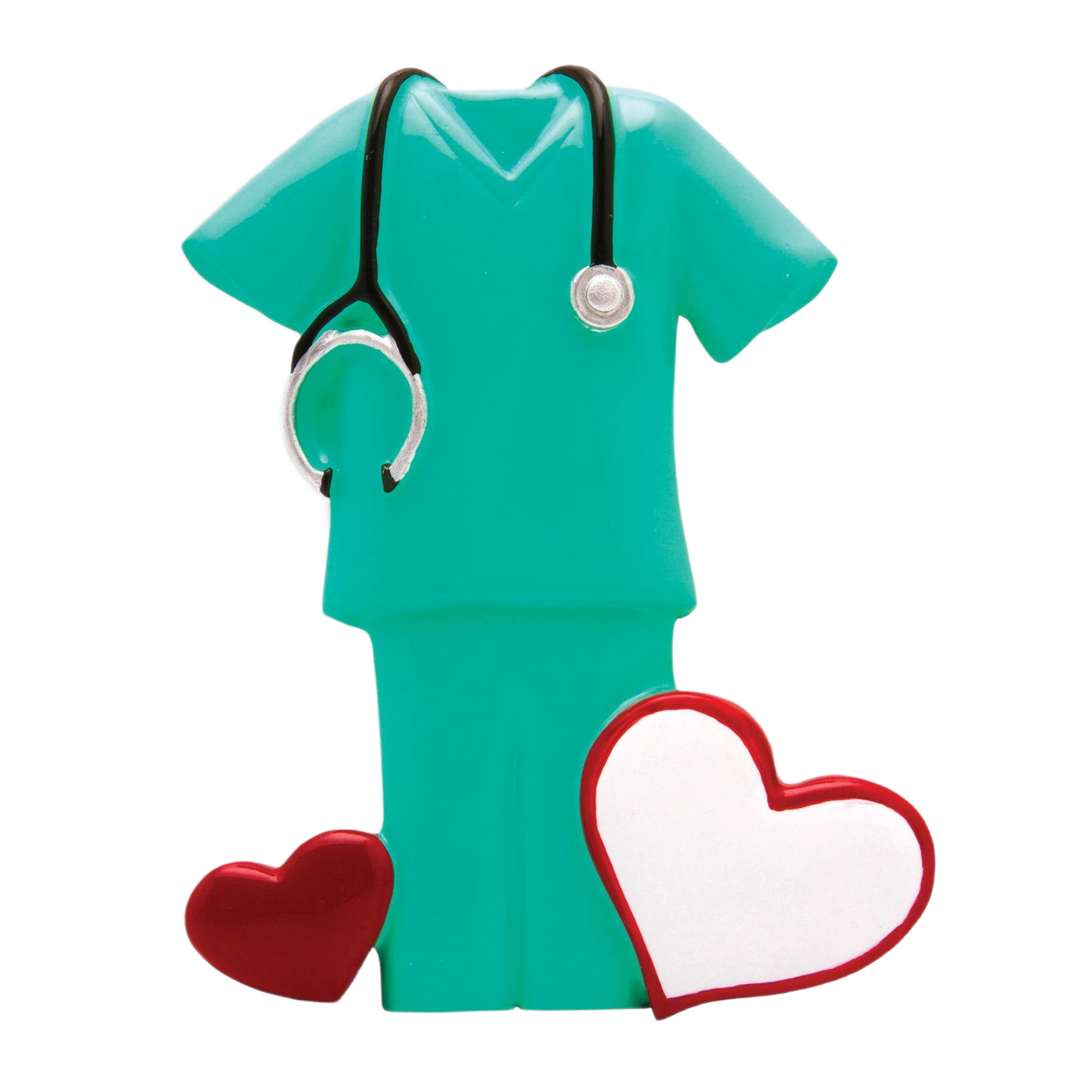 Green medical scrubs ornament with stethoscope and two heart shapes in Christmas Ornaments & Tree Decorations collection