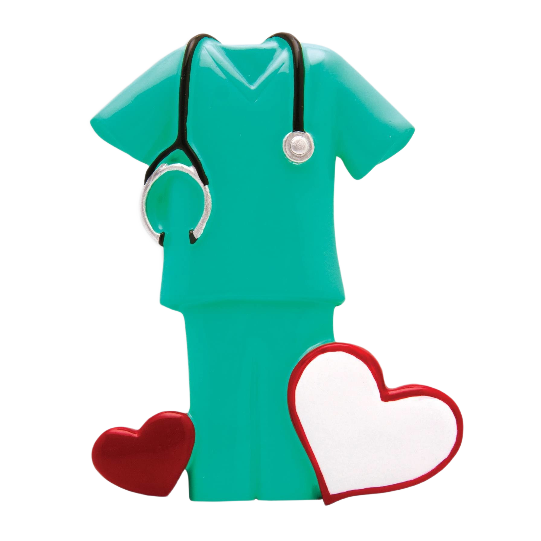 Green medical scrubs ornament with stethoscope and two heart shapes in Christmas Ornaments & Tree Decorations collection