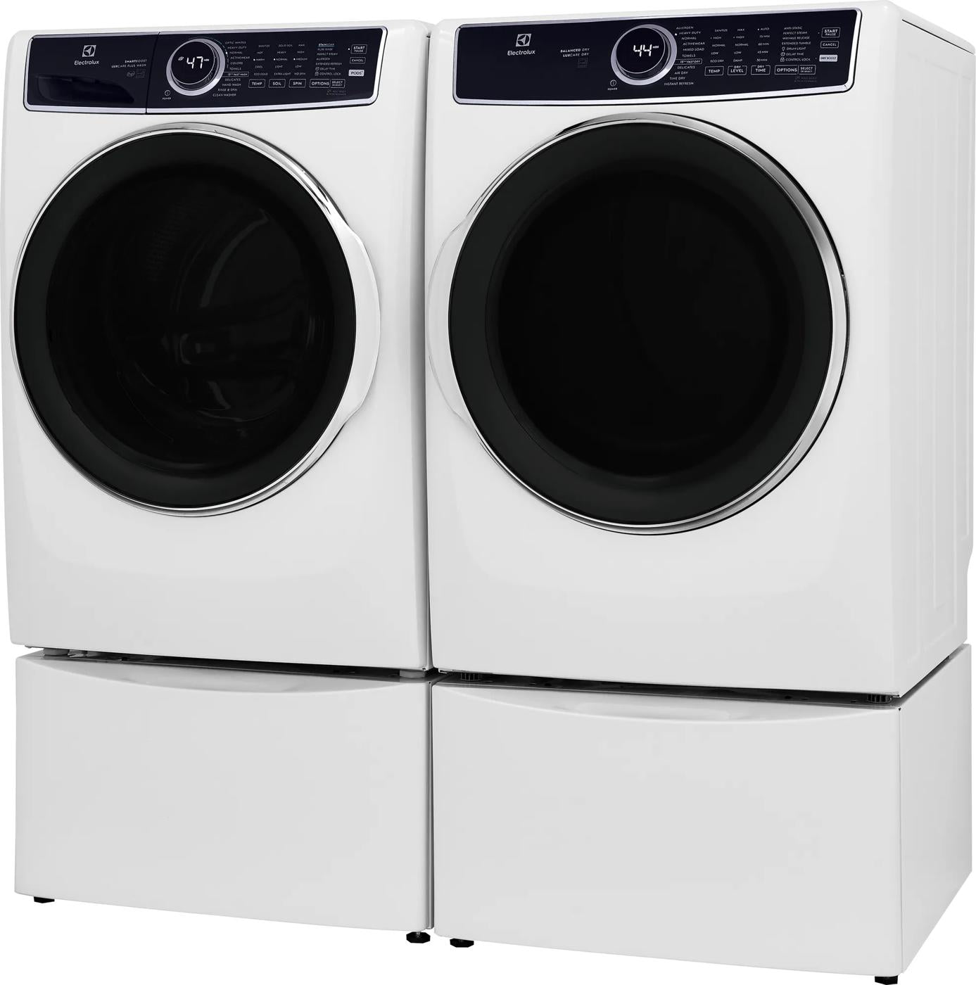 White front load washer and dryer with digital displays, part of washers and dryers and appliances collections