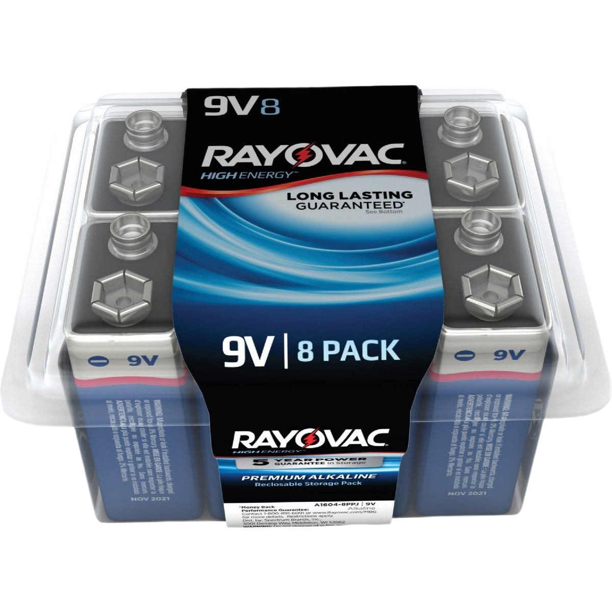 Package of eight Ray-O-Vac 9V high energy alkaline batteries for household, electrical, and cleaning needs under $50