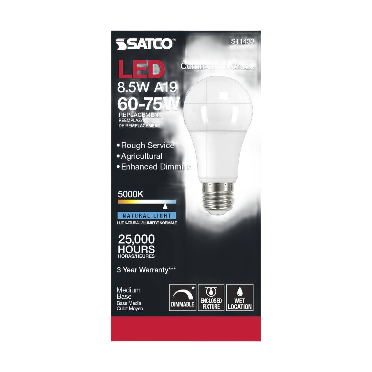 Satco 8.5W A19 LED bulb with natural 5000K light, dimmable, medium base for agricultural and rough service use