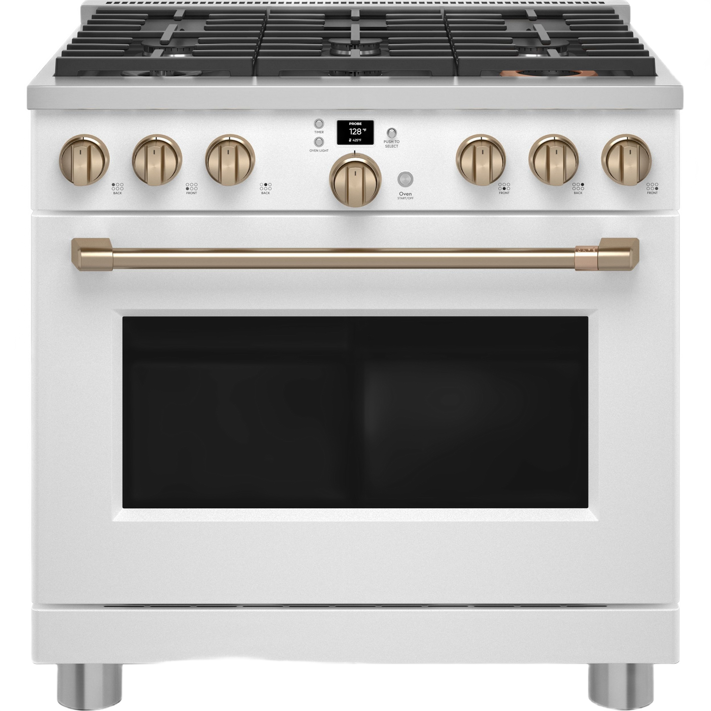 White all-gas commercial-style range with six brass control knobs and digital display from kitchen appliances collection