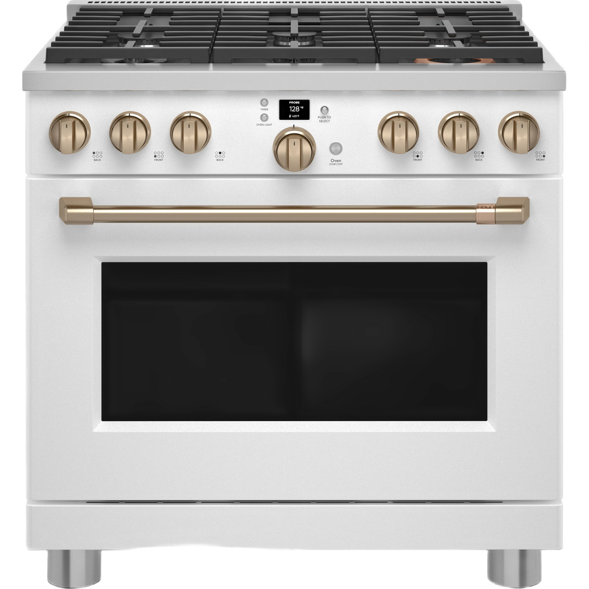 White all-gas commercial-style range with six brass control knobs and digital display from kitchen appliances collection