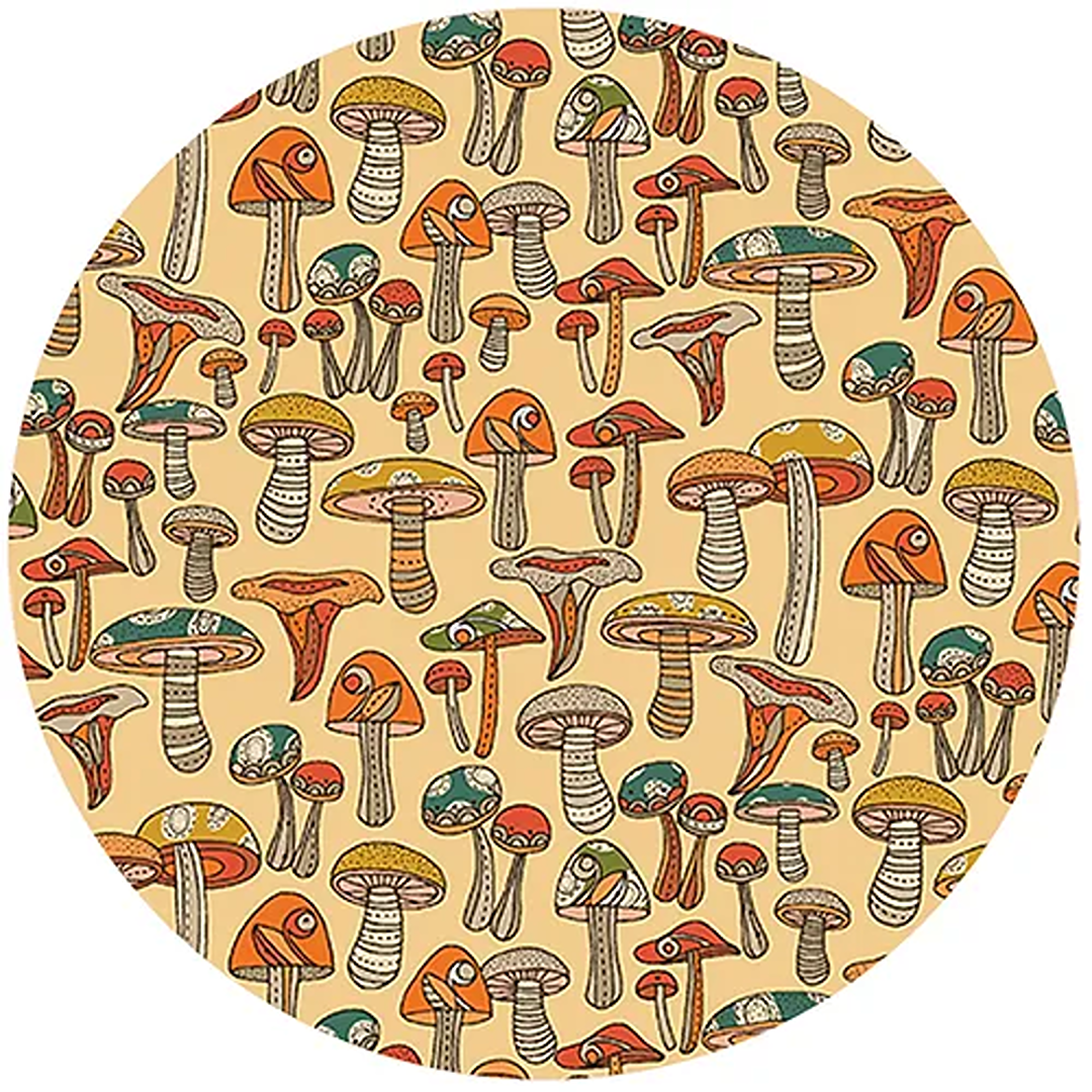 Circular pattern featuring various hand-drawn vintage mushrooms in orange, green, and brown tones on beige background