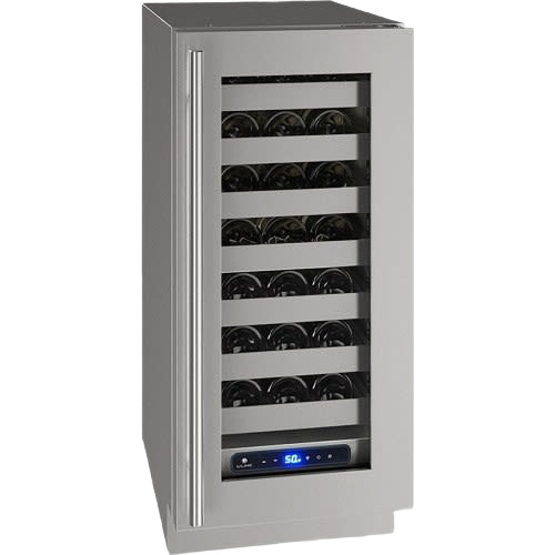 Undercounter wine refrigerator with stainless steel frame, glass door, reversible hinge, digital control, and adjustable shelves