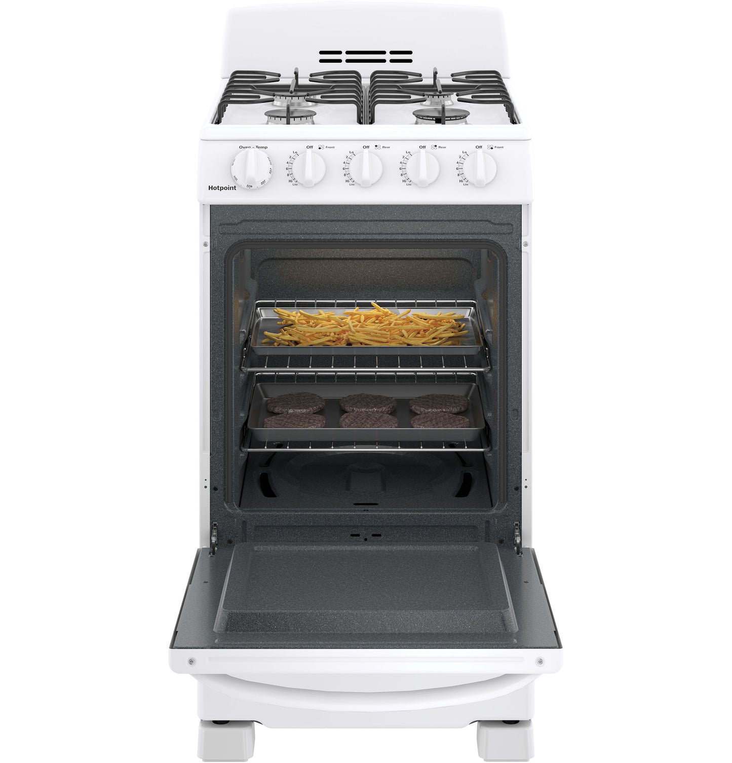 White free-standing gas range with front controls showing open oven door with fries and burgers cooking inside