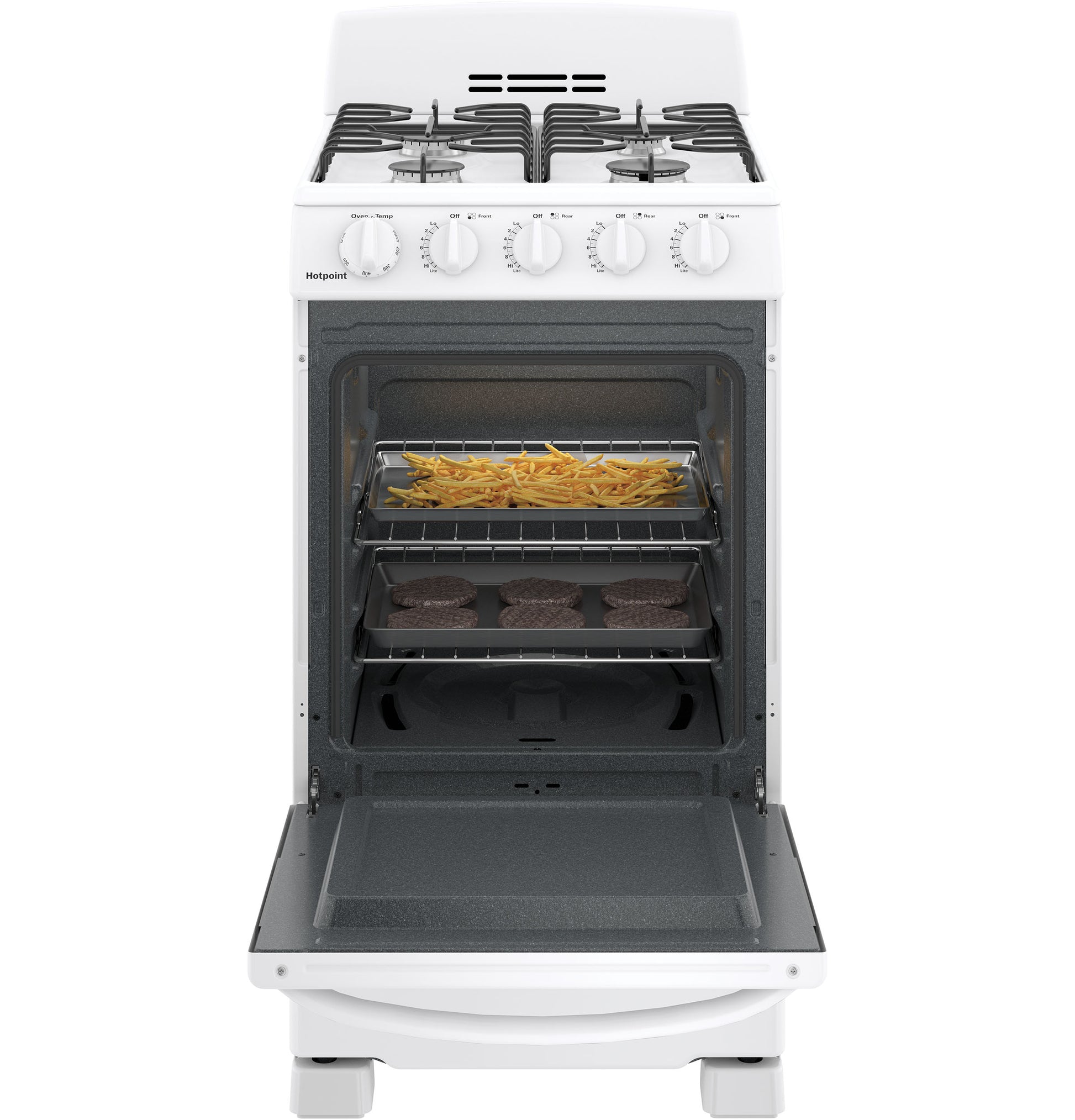 White free-standing gas range with front controls showing open oven door with fries and burgers cooking inside