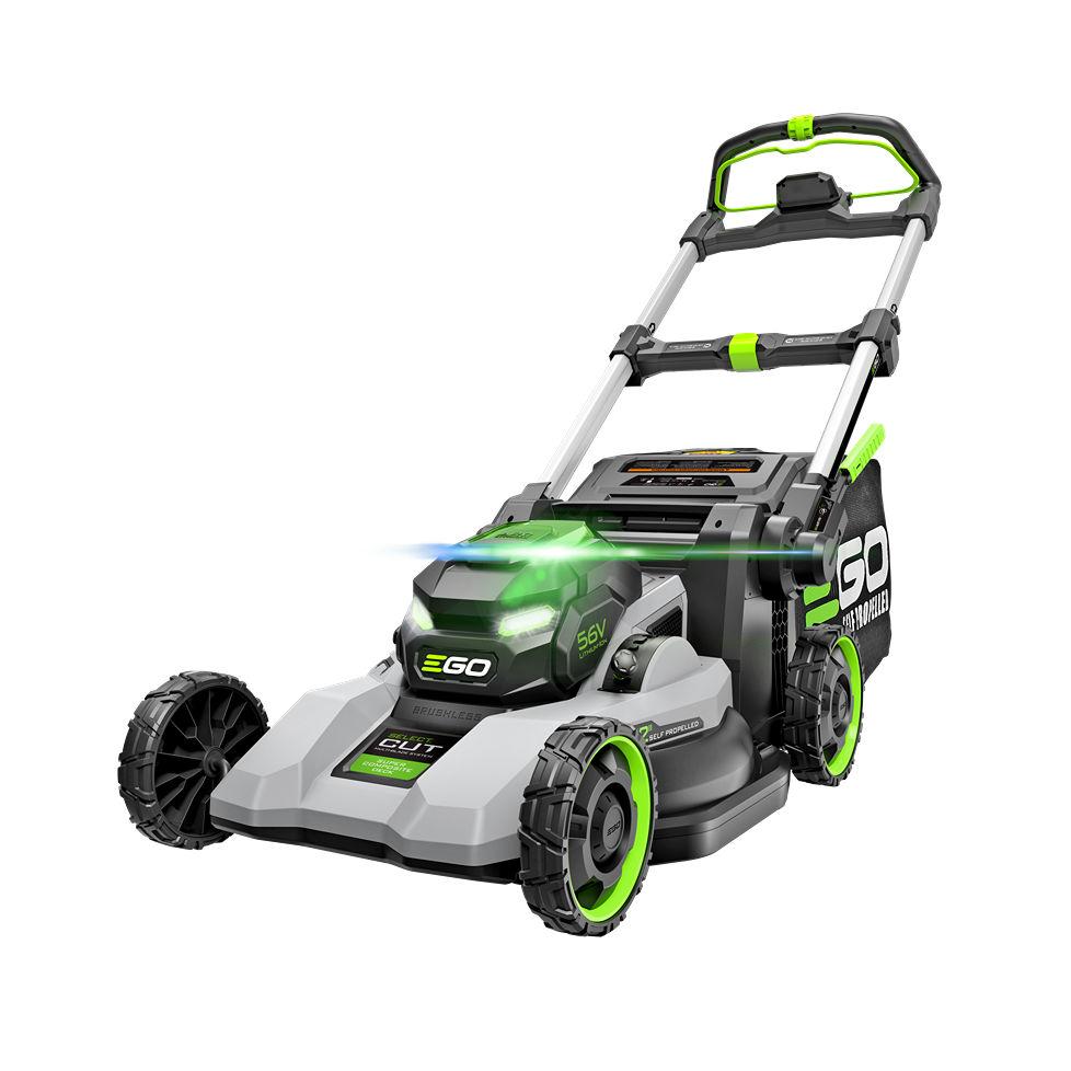 Cordless gray and green electric lawn mower with 22-inch composite deck and Select Cut System for yard care tasks