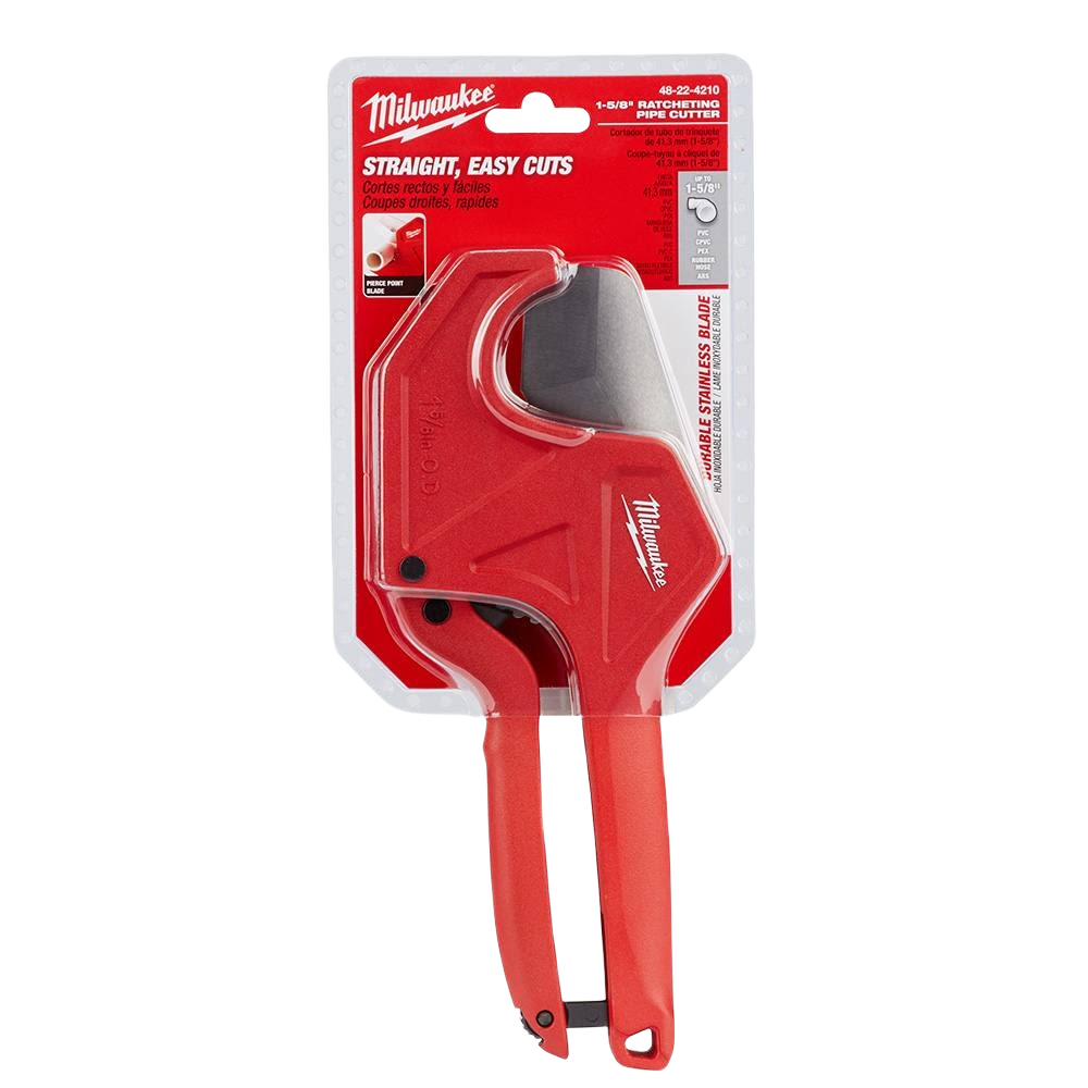 Red ratcheting pipe cutter with ergonomic handles and sharp blade for plumbing tools and home improvement tasks