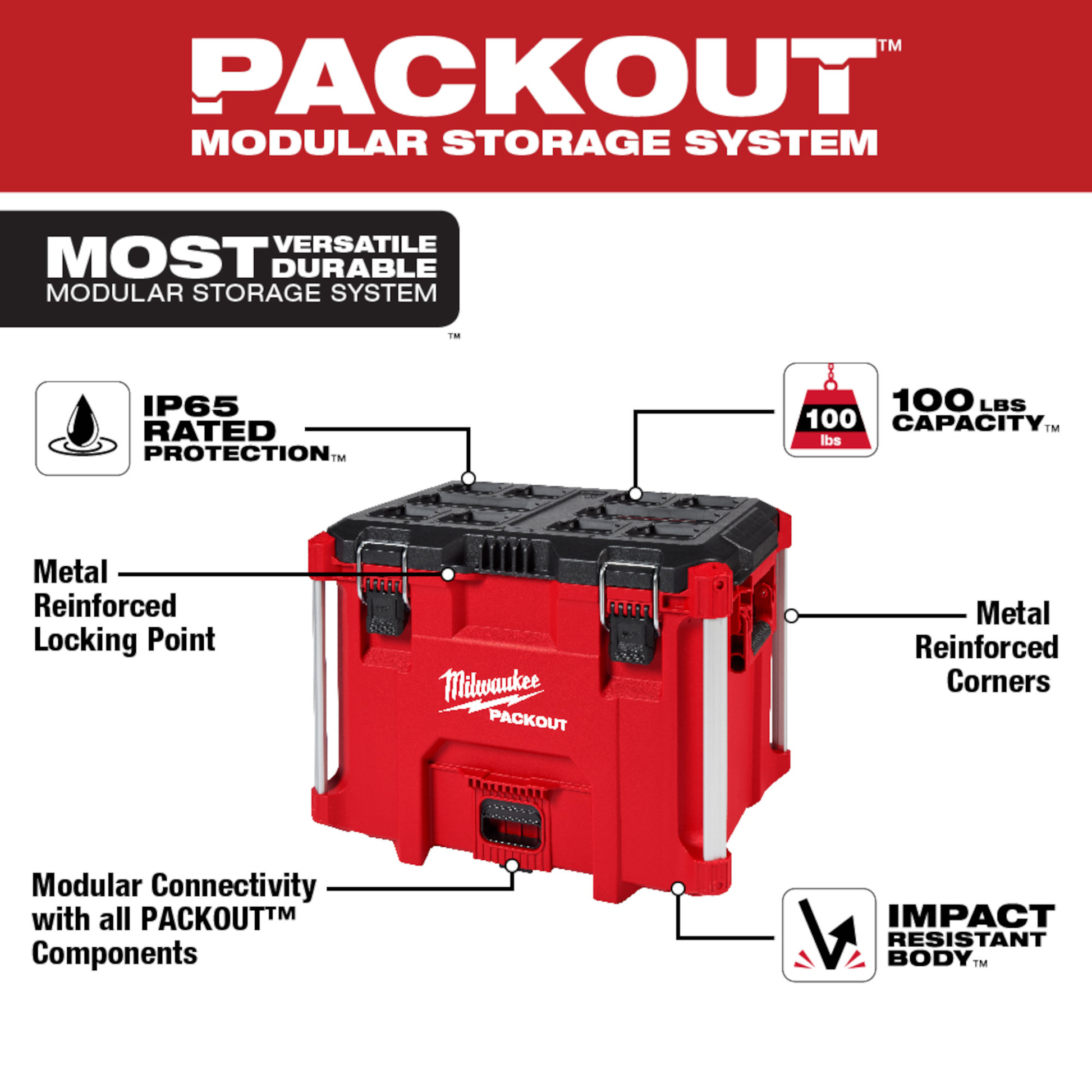 Red Milwaukee PACKOUT XL heavy-duty tool storage box with metal reinforcements and modular system compatibility