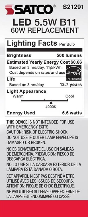 Satco LED 5.5 watt B11 bulb with 4000K cool white light, energy-efficient and ENERGY STAR certified for home lighting.
