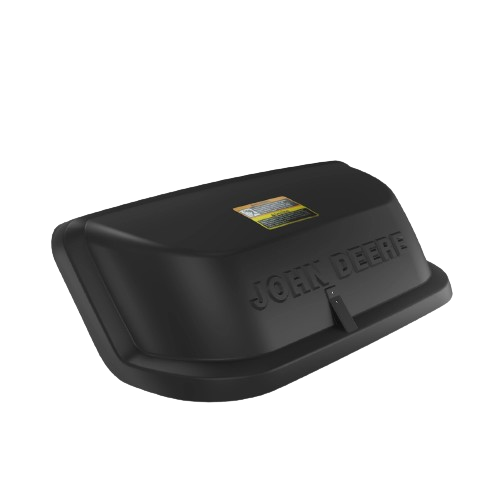 Black plastic hopper kit with John Deere logo designed for efficient lawn mower grass clipping collection