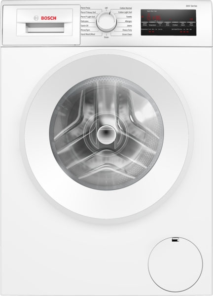 White front load Bosch compact washer with digital control dial and LED display from the 300 Series collection