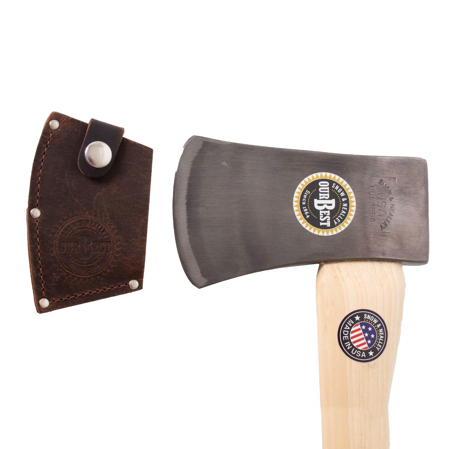 Single bit axe with polished steel head and smooth light wooden handle, including dark leather sheath for garden and hand tools under $100 collections
