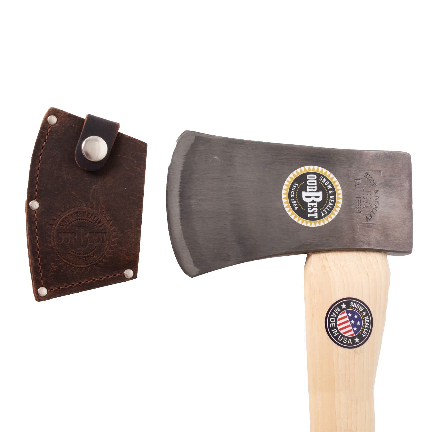 Single bit axe with polished steel head and smooth light wooden handle, including dark leather sheath for garden and hand tools under $100 collections
