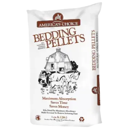 White bag of America's Choice equine bedding pellets featuring barn and horse illustrations for animal care use