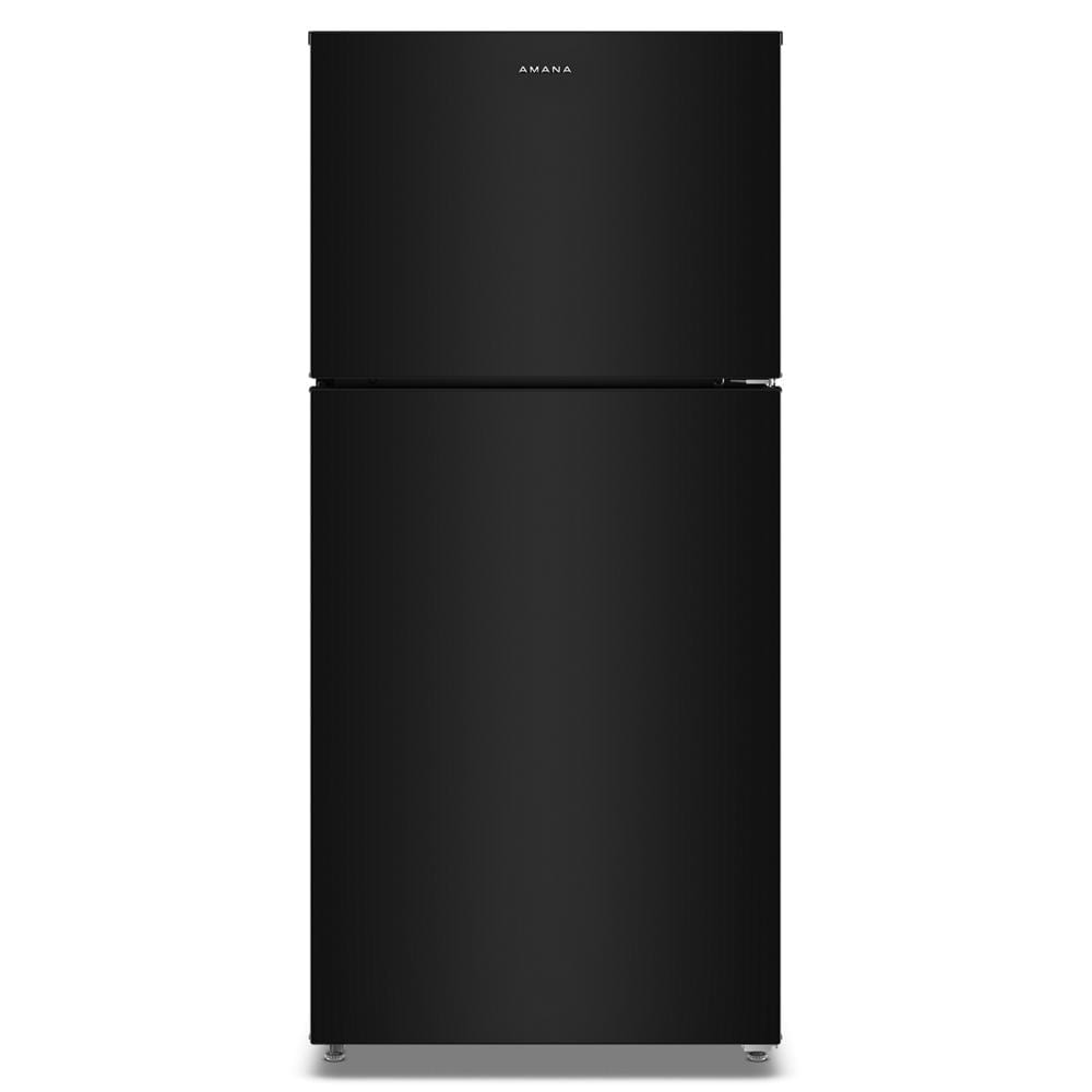 Sleek black top-freezer refrigerator with simple design, featuring dual crisper drawers and adjustable shelves, suitable for kitchen and appliance collections.