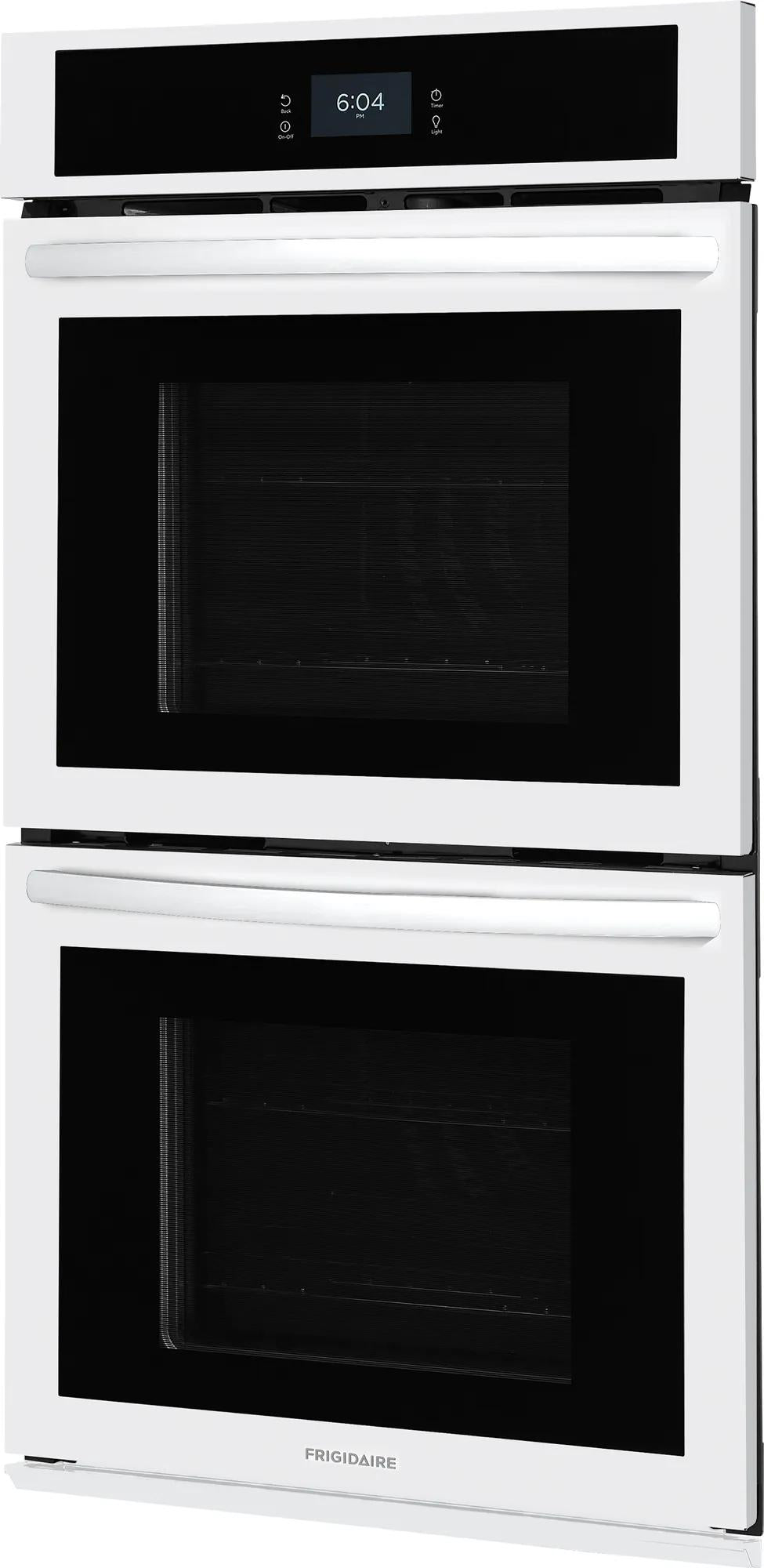White 27-inch double electric wall oven with black glass doors and touchscreen control in kitchen appliances collection