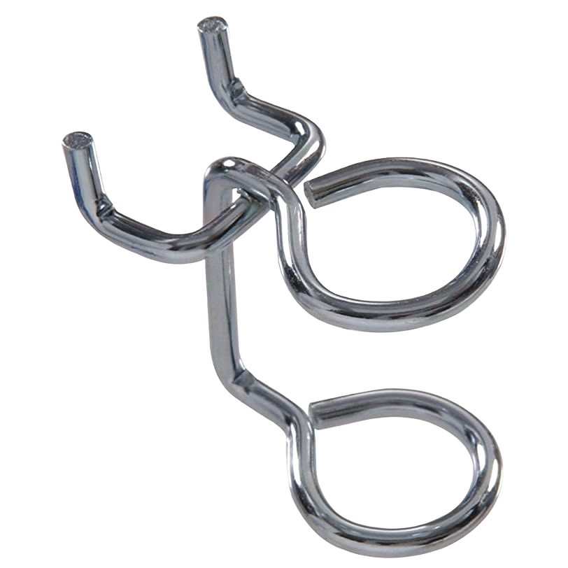 Chrome-finished peg tool holder for organizing tools on pegboards, ideal for home improvement and storage solutions under $50