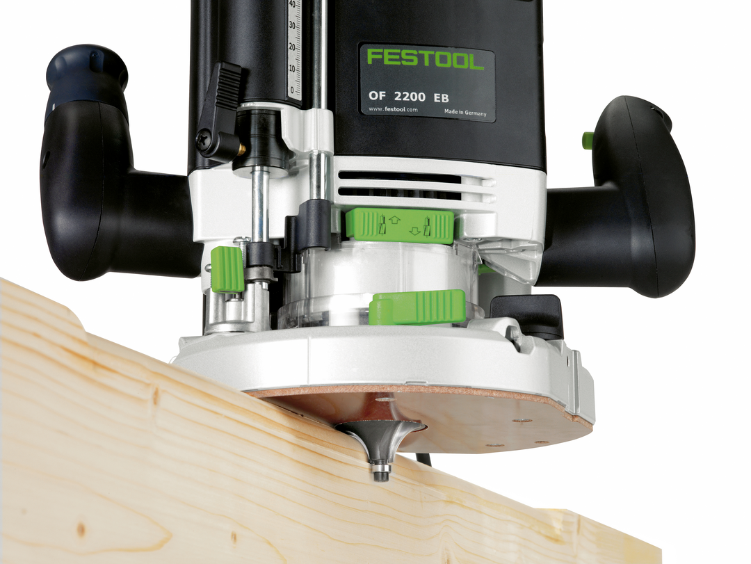 High-performance Festool router cutting a groove into light-colored wood for woodworking tools collection