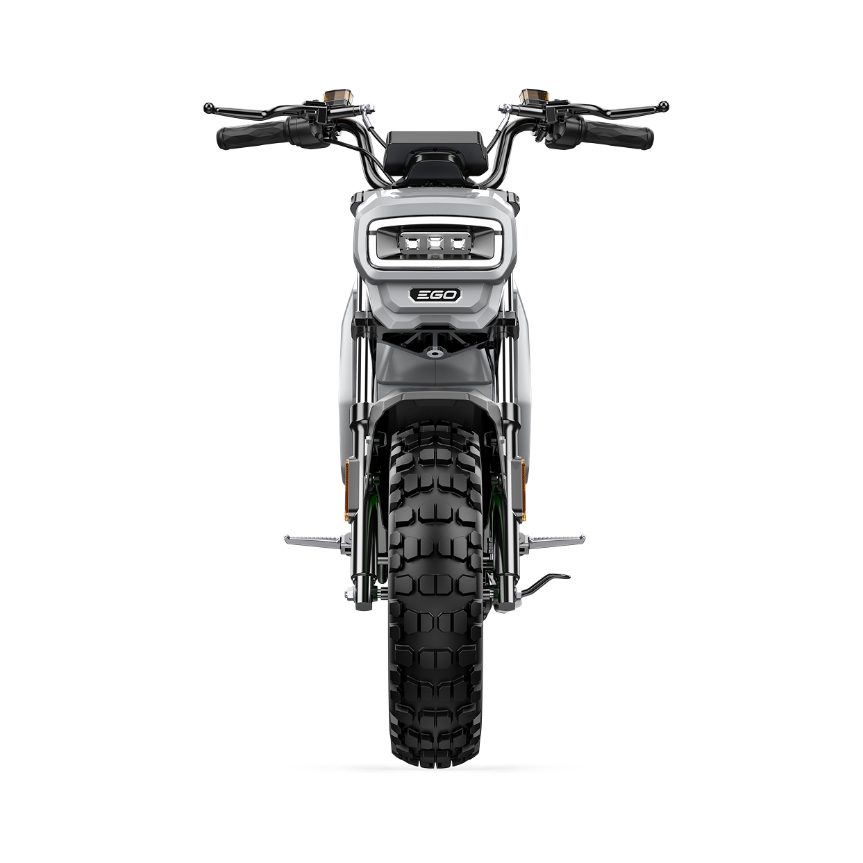 Front view of EGO off-road mini bike kit highlighting rugged tire, handlebar controls, and LED headlight for tools collections