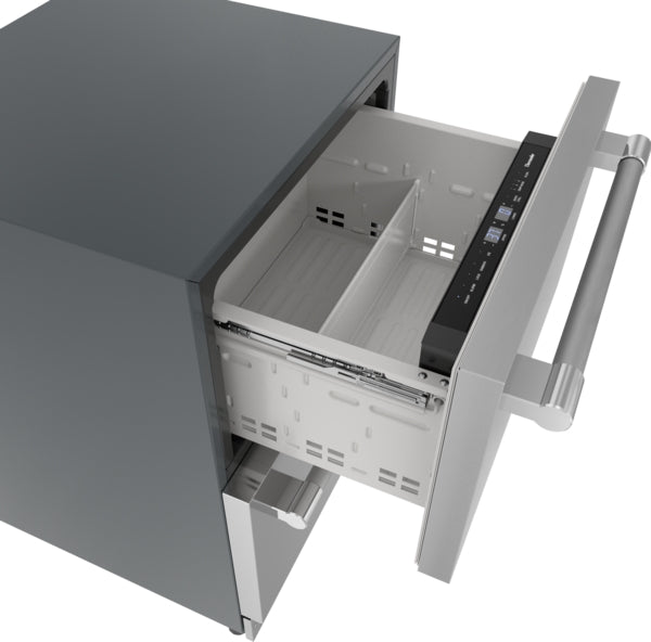 Open under counter stainless steel combo drawer refrigerator freezer showing interior compartments in kitchen appliances collection