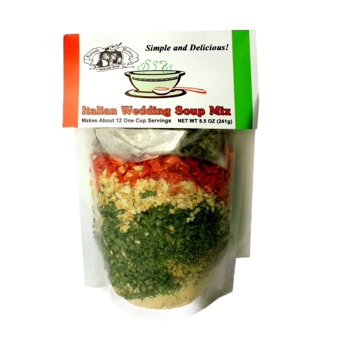 Clear pouch of Amish Wedding Italian Wedding Soup Mix with dried herbs and vegetables in under $50 food collection