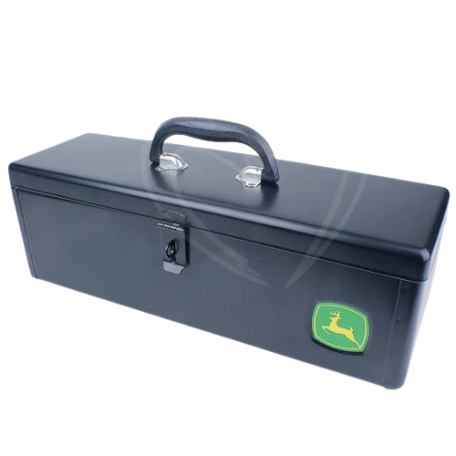 Black metal toolbox with locking clasp and plastic handle featuring a green and yellow tractor logo for tools and home improvement