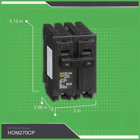 70 amp double-pole circuit breaker in black housing for electrical panel use in tools and home improvement projects