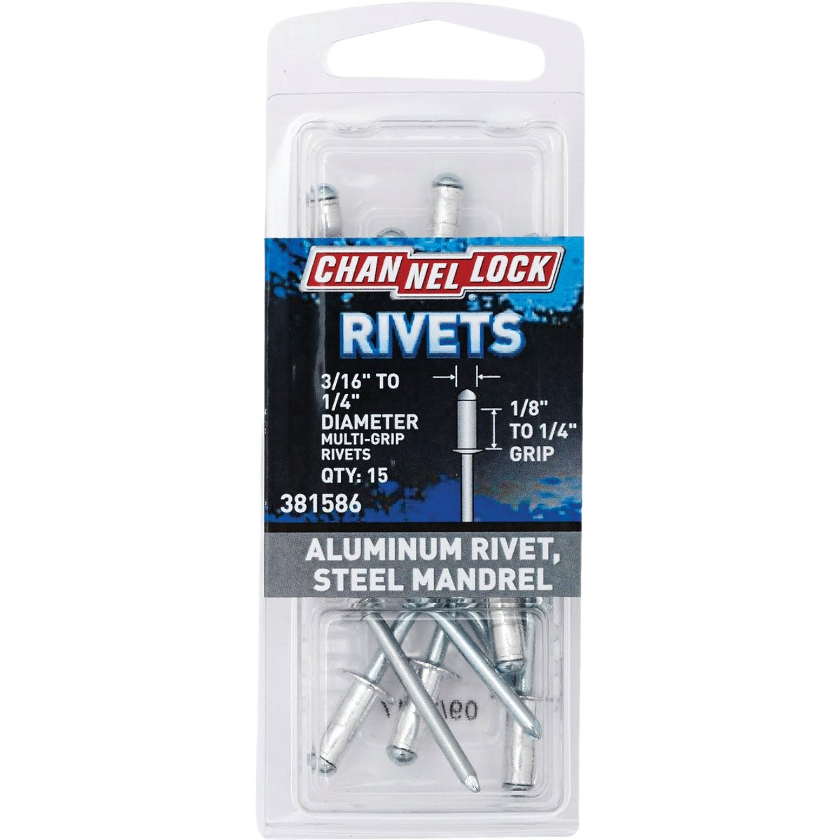 Clear plastic package of aluminum grip pop rivets with steel mandrels for home improvement and tool use