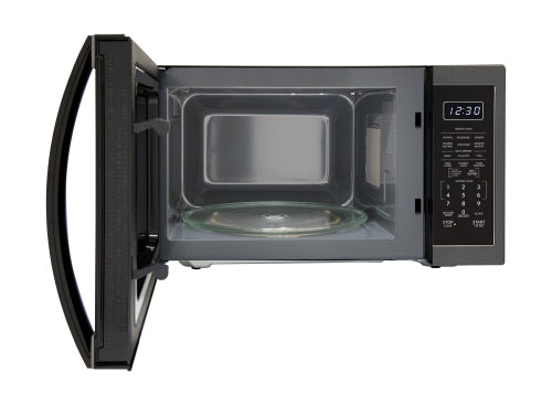black 1.4 cu ft countertop microwave oven with digital control panel and open door for kitchen appliances