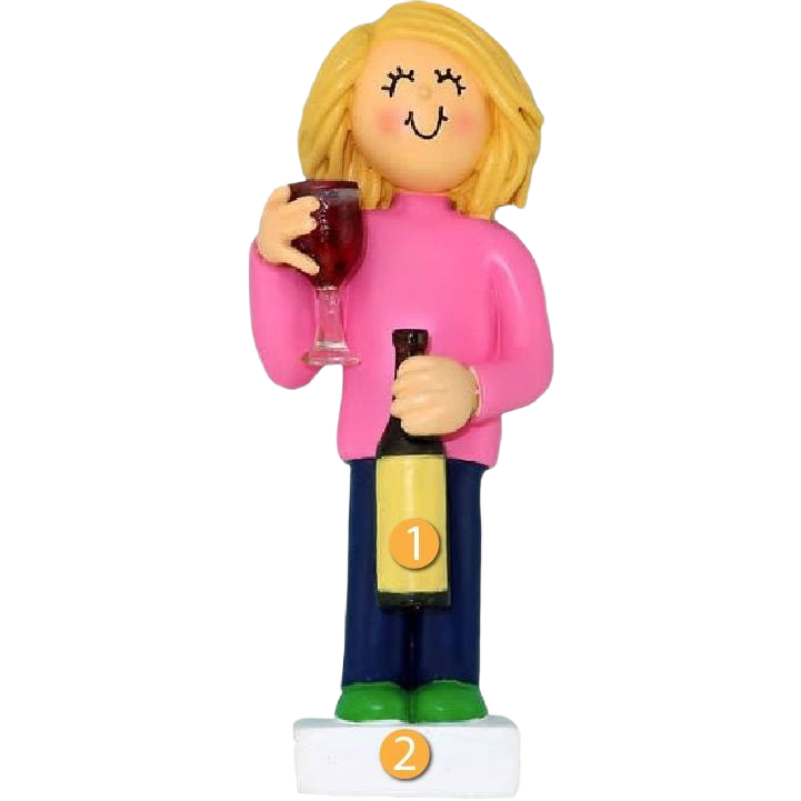 Blonde female figurine holding wine glass and bottle holiday decoration from Christmas ornaments collection under $50