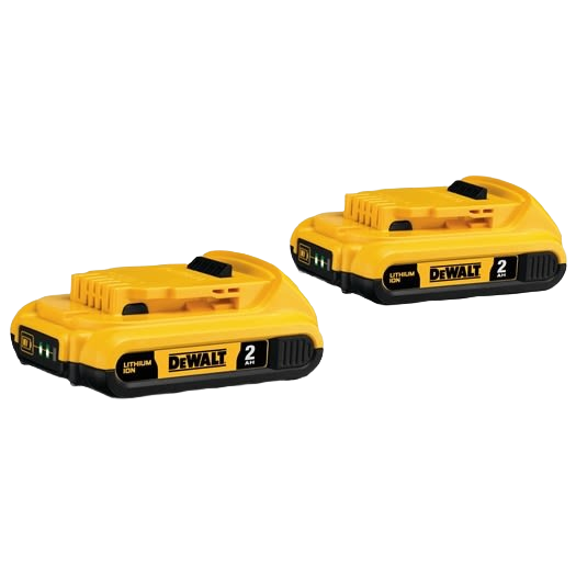 Two yellow lithium ion 2Ah DEWALT compact batteries for power tool accessories and home improvement tasks