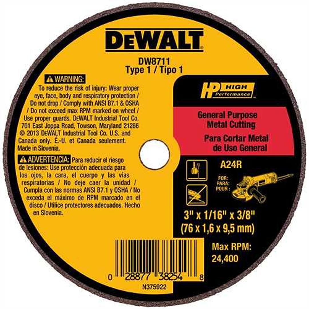 DEWALT heavy-duty metal cutting wheel with warning label and product specifications for power tool accessories under $50