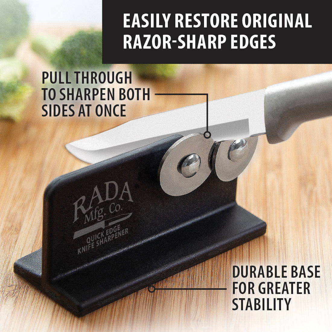 Black Rada Knife Sharpener with dual metal sharpening discs and sturdy base for kitchen gadgets under $50 collection