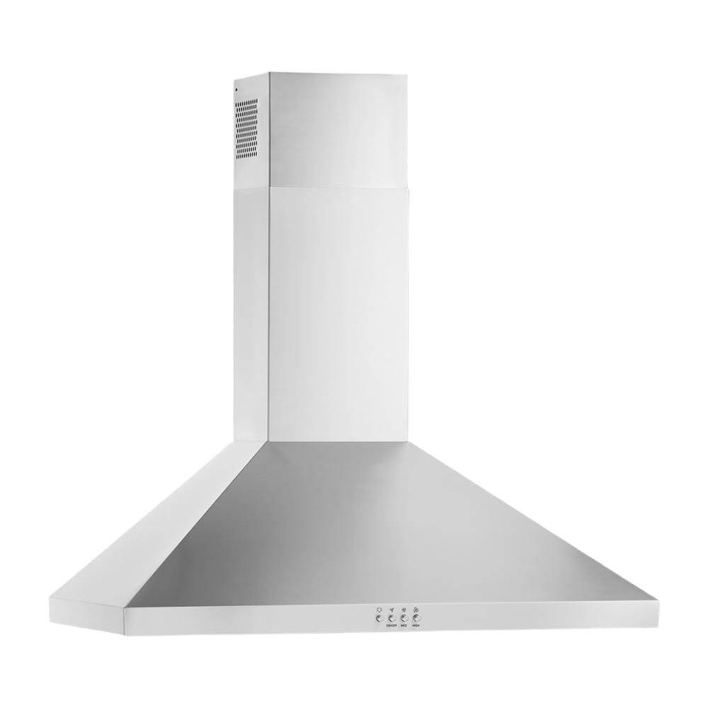Stainless steel wall mount range hood with 3-speed fan and detachable grease filter for kitchen ventilation and home improvement