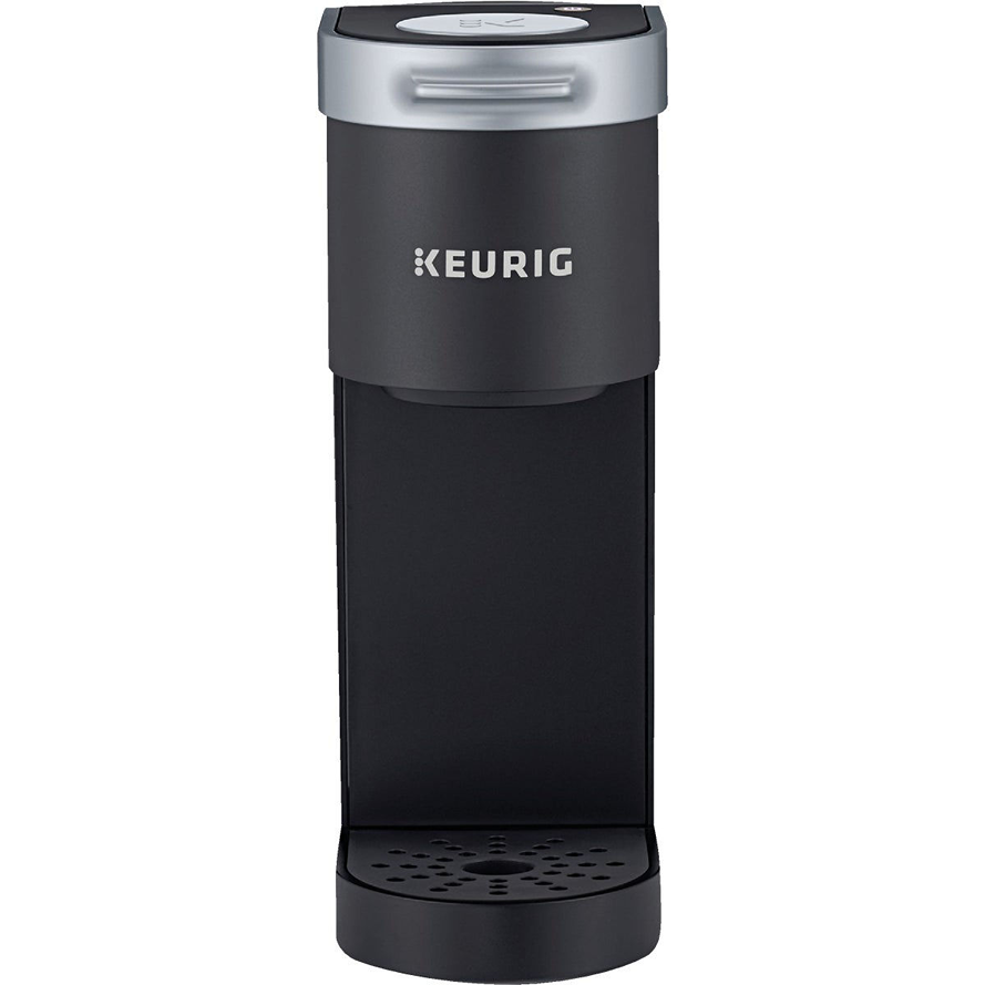 Compact black single-serve coffee maker with silver top and front Keurig logo for quick brewing tasks