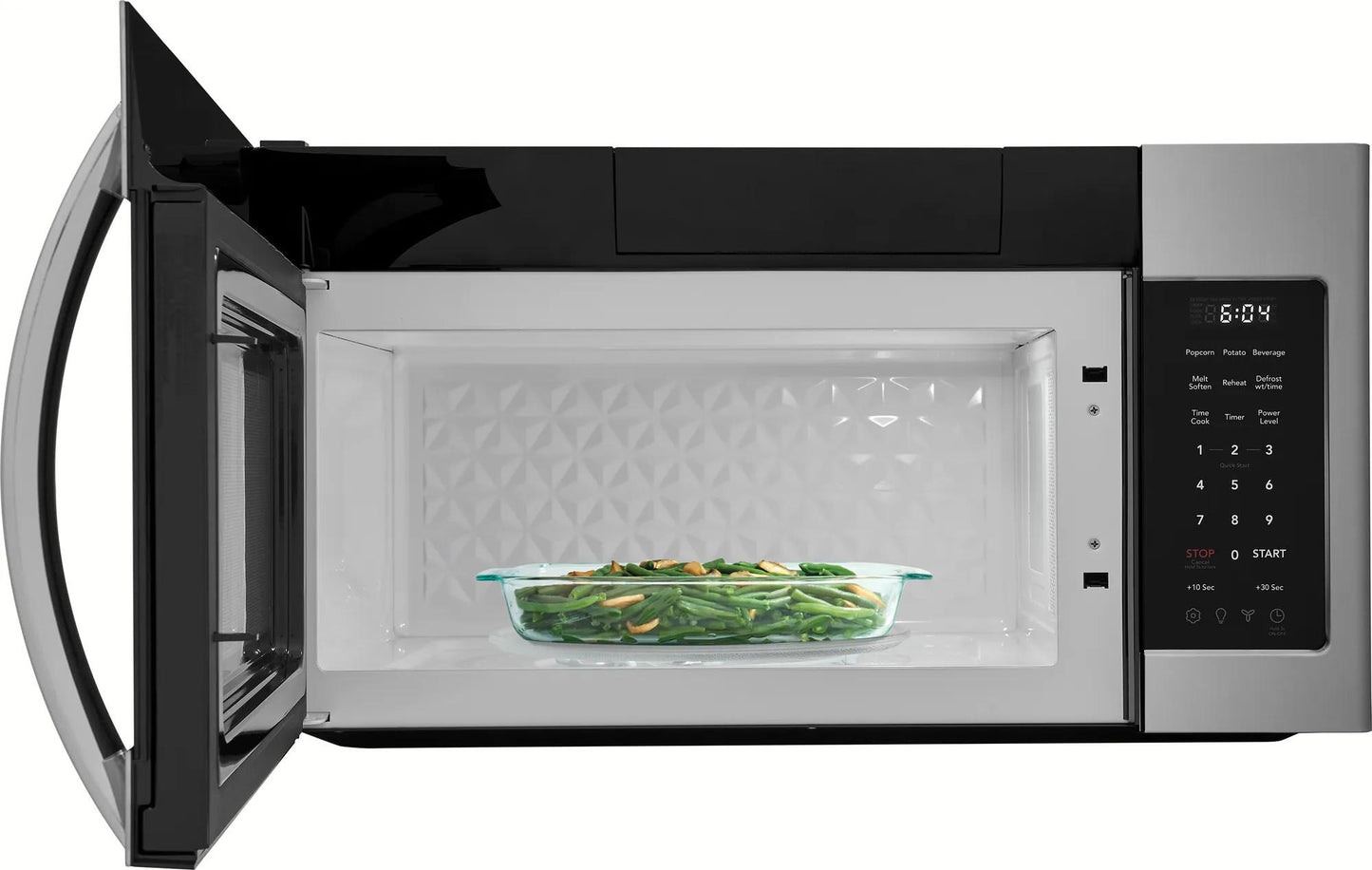 Stainless steel over-the-range microwave with open door and glass dish of cooked vegetables in Microwaves collection
